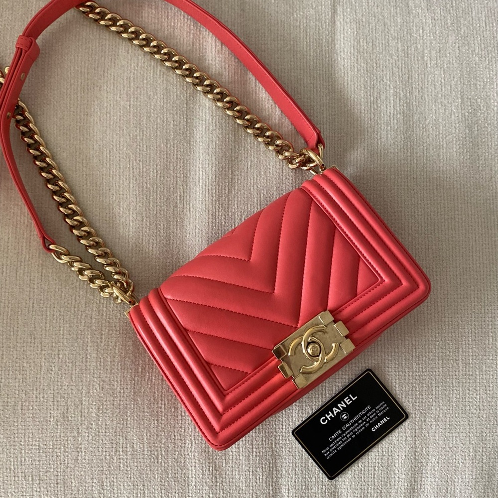 Authentic Chanel Pink/Red (Coral) and Gold Crossbody Boy Caviar Bag